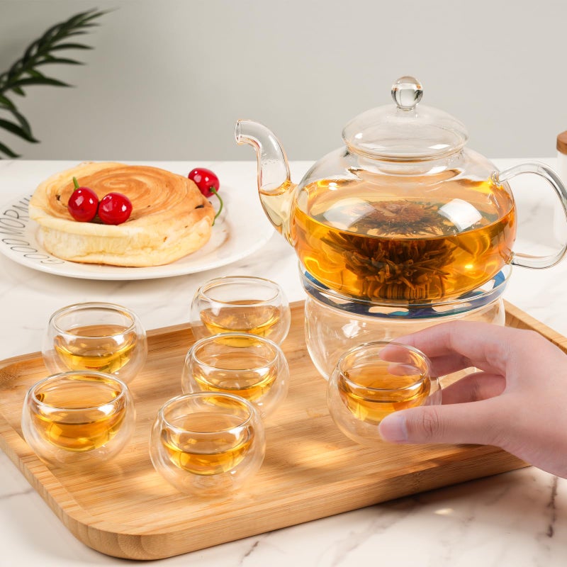 GURUDAR Glass Teapot Set  27OZ/800ML Stovetop Safe Glass Tea Kettle with 6 Small Double Wall Tea Cups & Loose Tea Infuser & Tea Warmer  Microwave & Dishwasher Safe Tea Maker  Blooming Tea Gift Set - Image 3